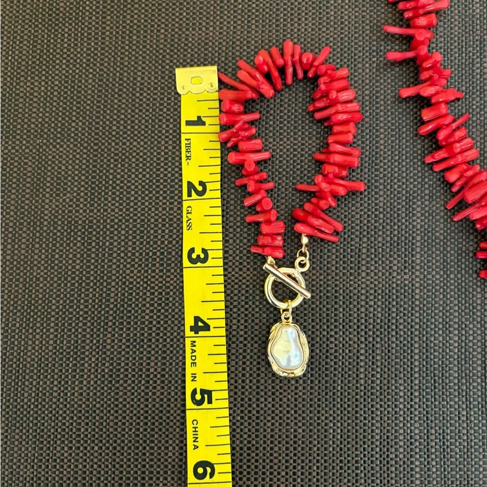 New Red Coral and Gold Faux Pearl Necklace and Bracelet Set - Picture 8 of 15